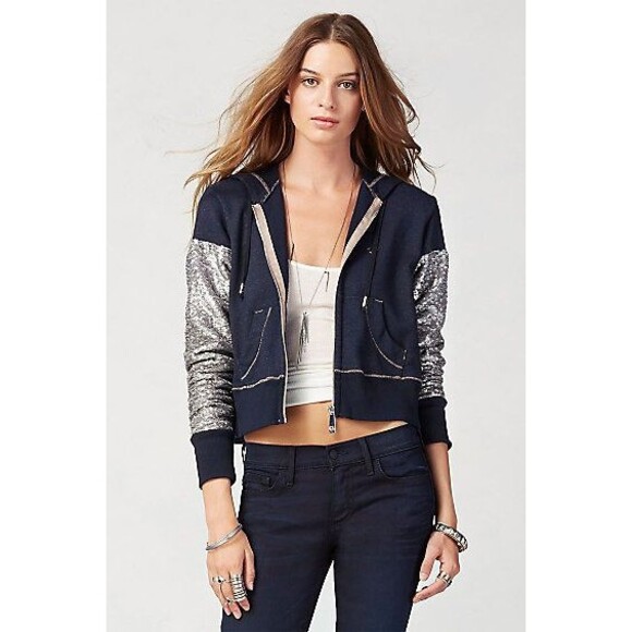 New Womens Designer True Religion Sequin Hoodie Jacket Crop Navy Blue Silver S - Picture 1 of 10